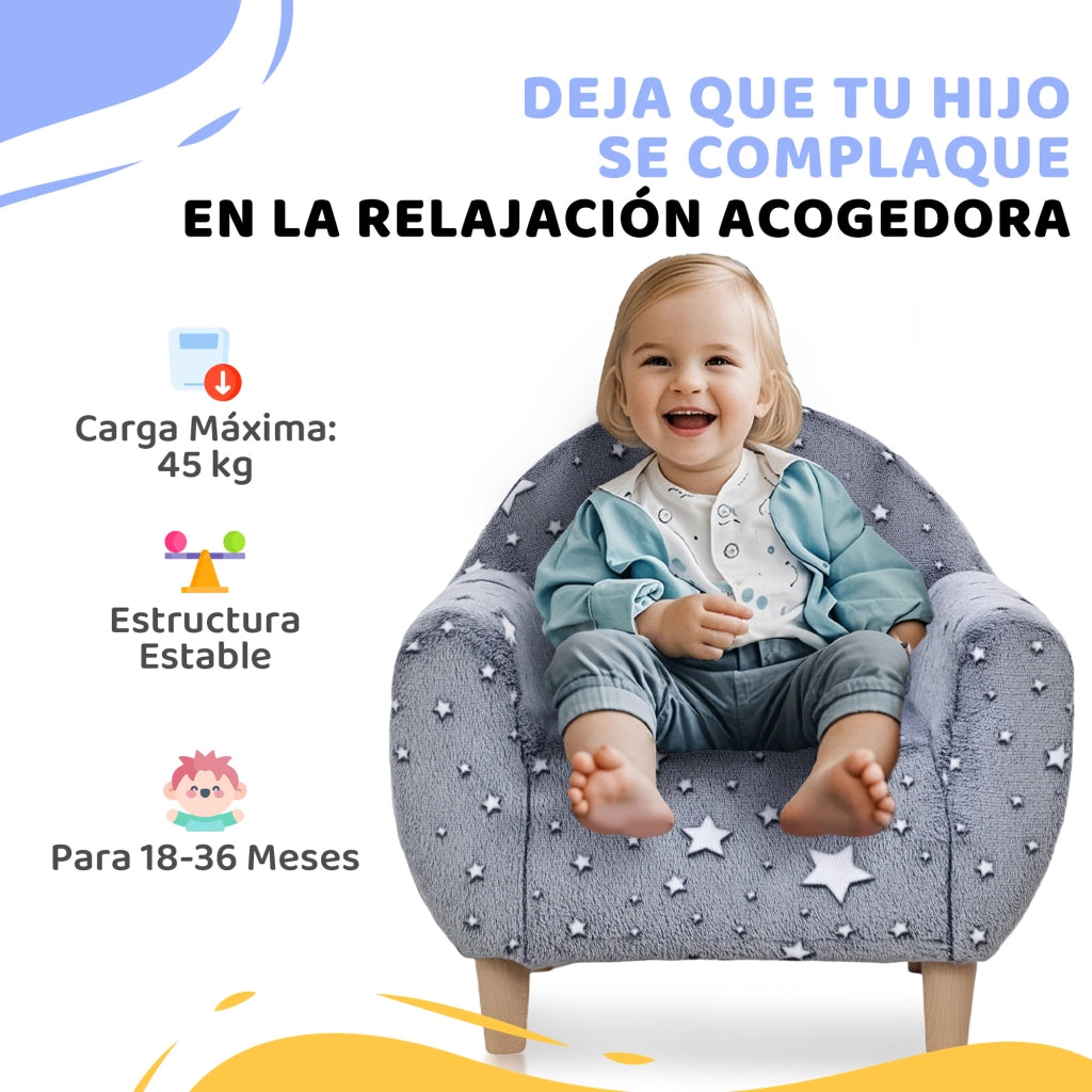 Divano bambini stelle luminose ¨C Minimal ¨C velluto grigio 55x40x55 cm