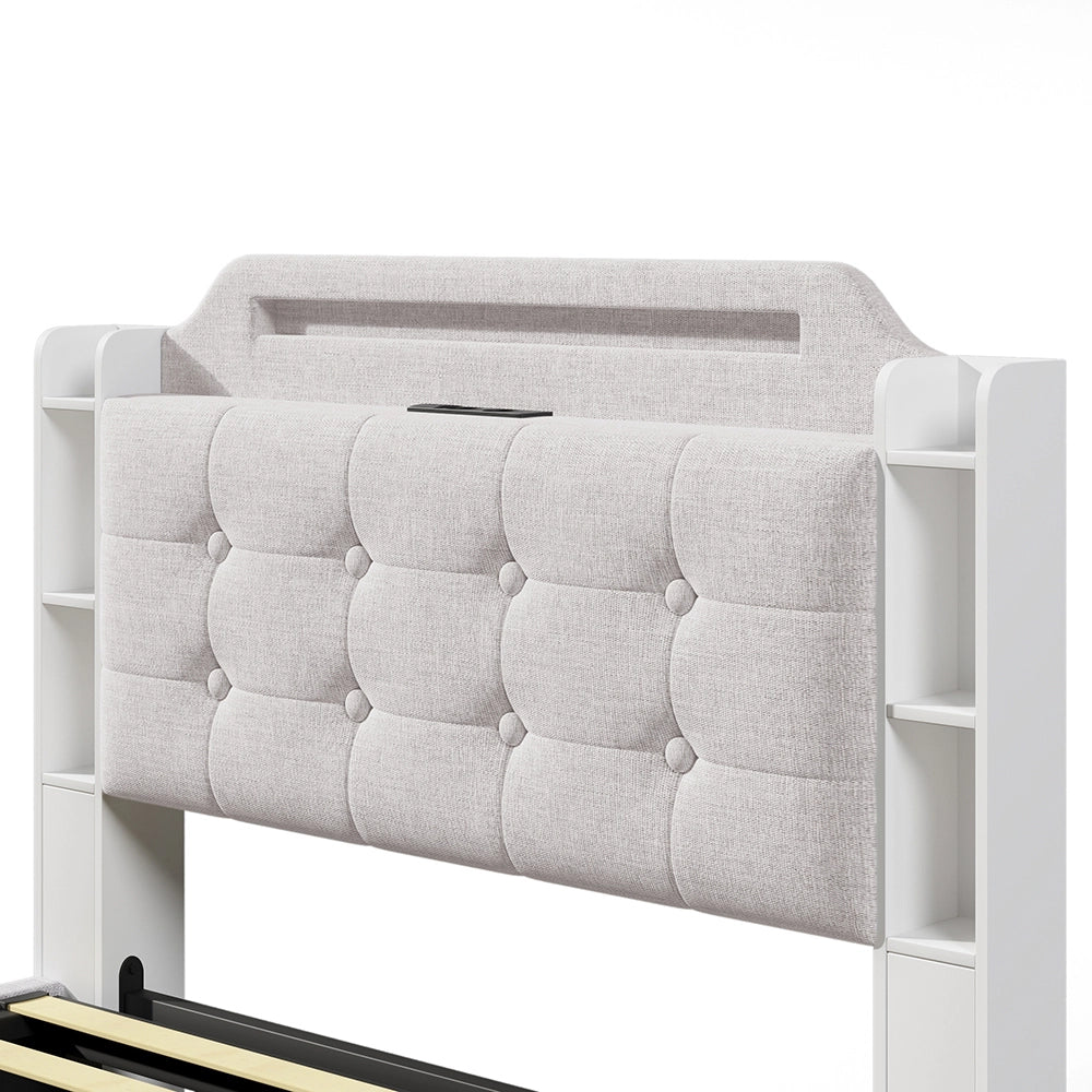 Letto-Xylo-140x200 cm-LED, USB-C, scomparti, lino beige