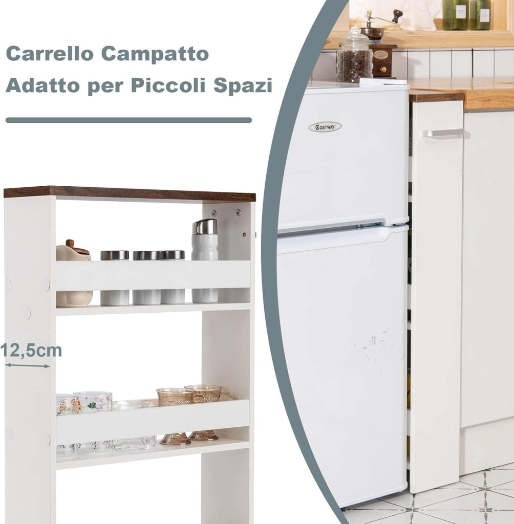 Carrello Portaoggetti da Cucina, Scaffale con Maniglia Laterale e Ruote, Carrello Salvaspazio con 3 Scaffali Stretti, 48x12,5x81 cm