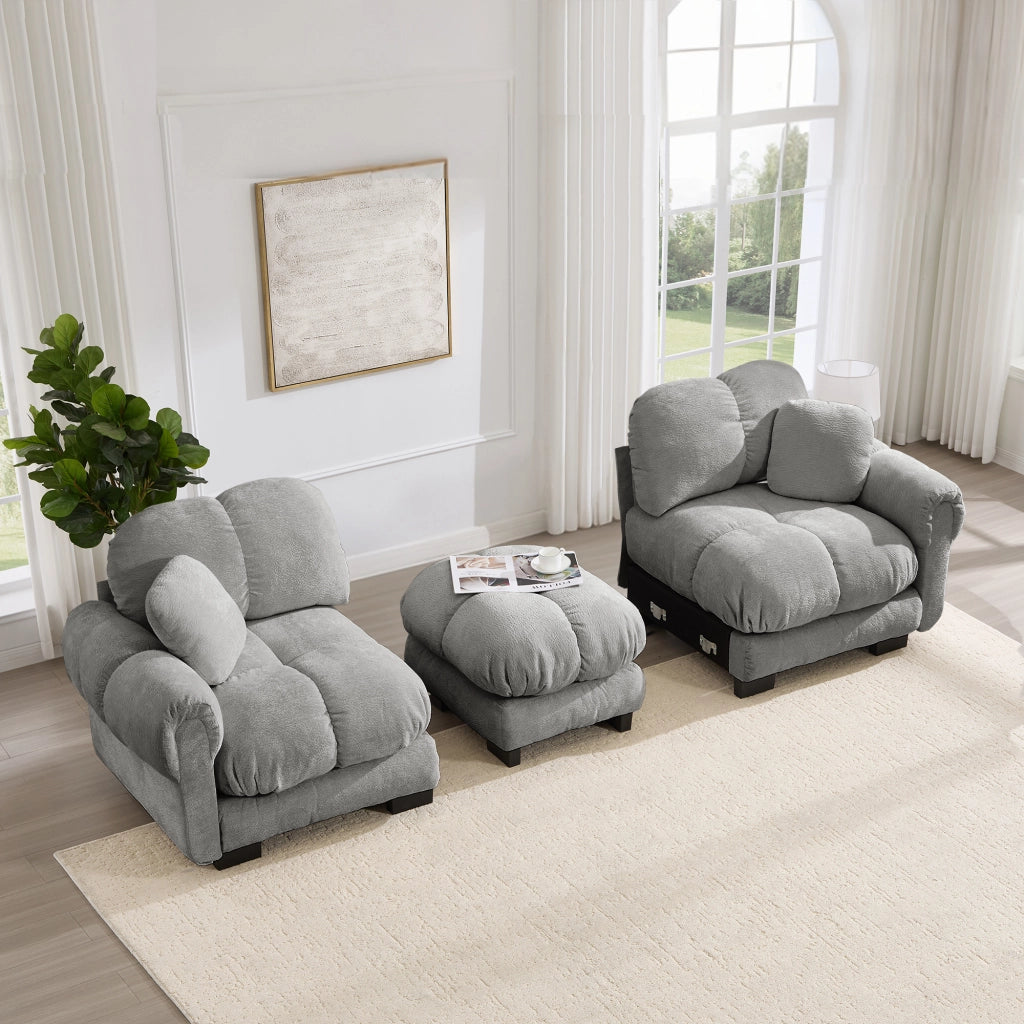 Divano angolare reversibile 2 posti in Chenille con cuscini trapuntati e pouf mobile, Grigio chiaro