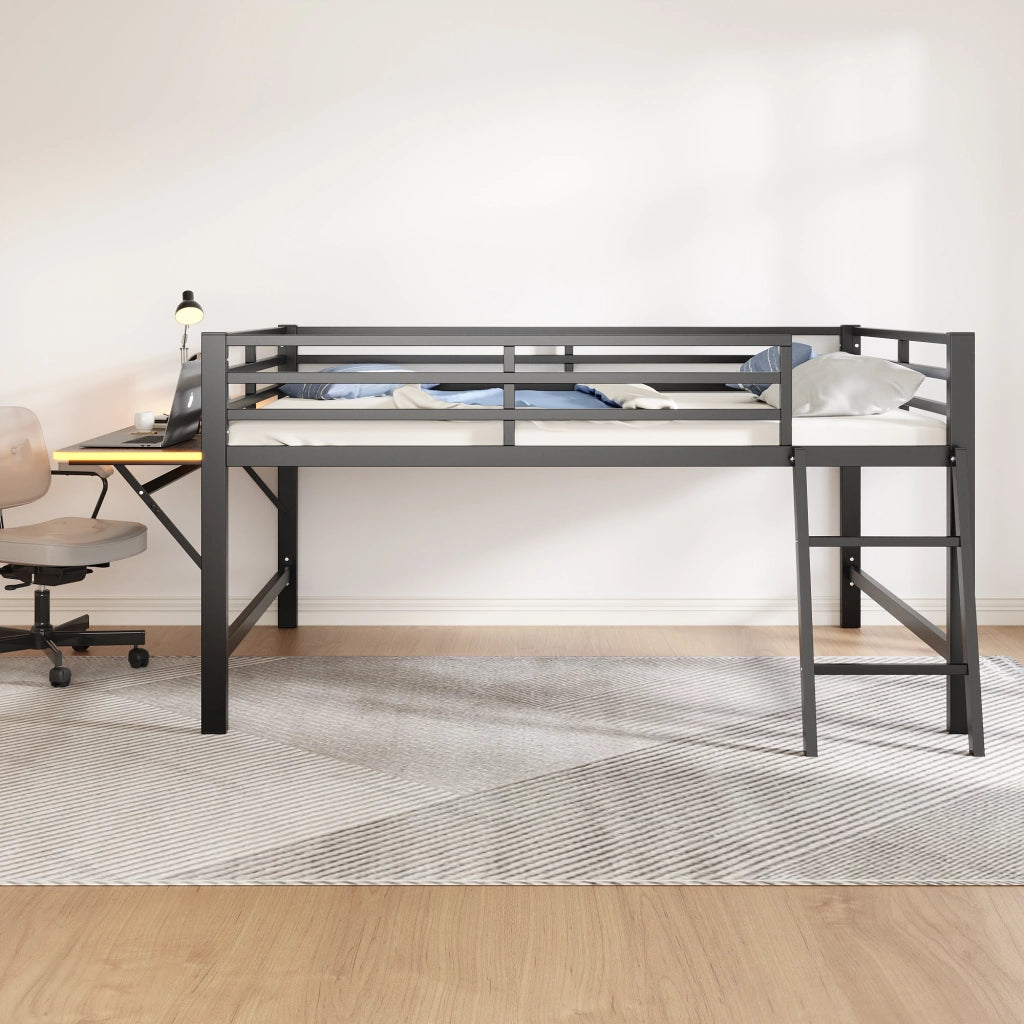 LETTO in metallo 140x200 cm nero con scala, scrivania e LED