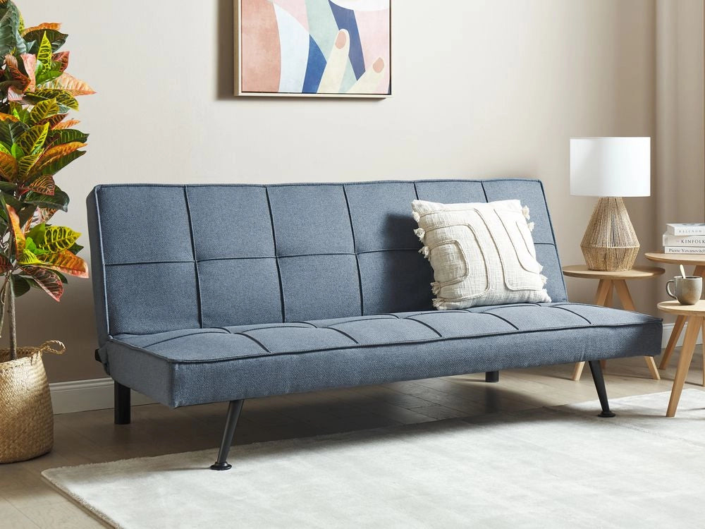 Divano Letto Blu 3 Posti Imbottito Trapuntato Gambe In Metallo Click Clack