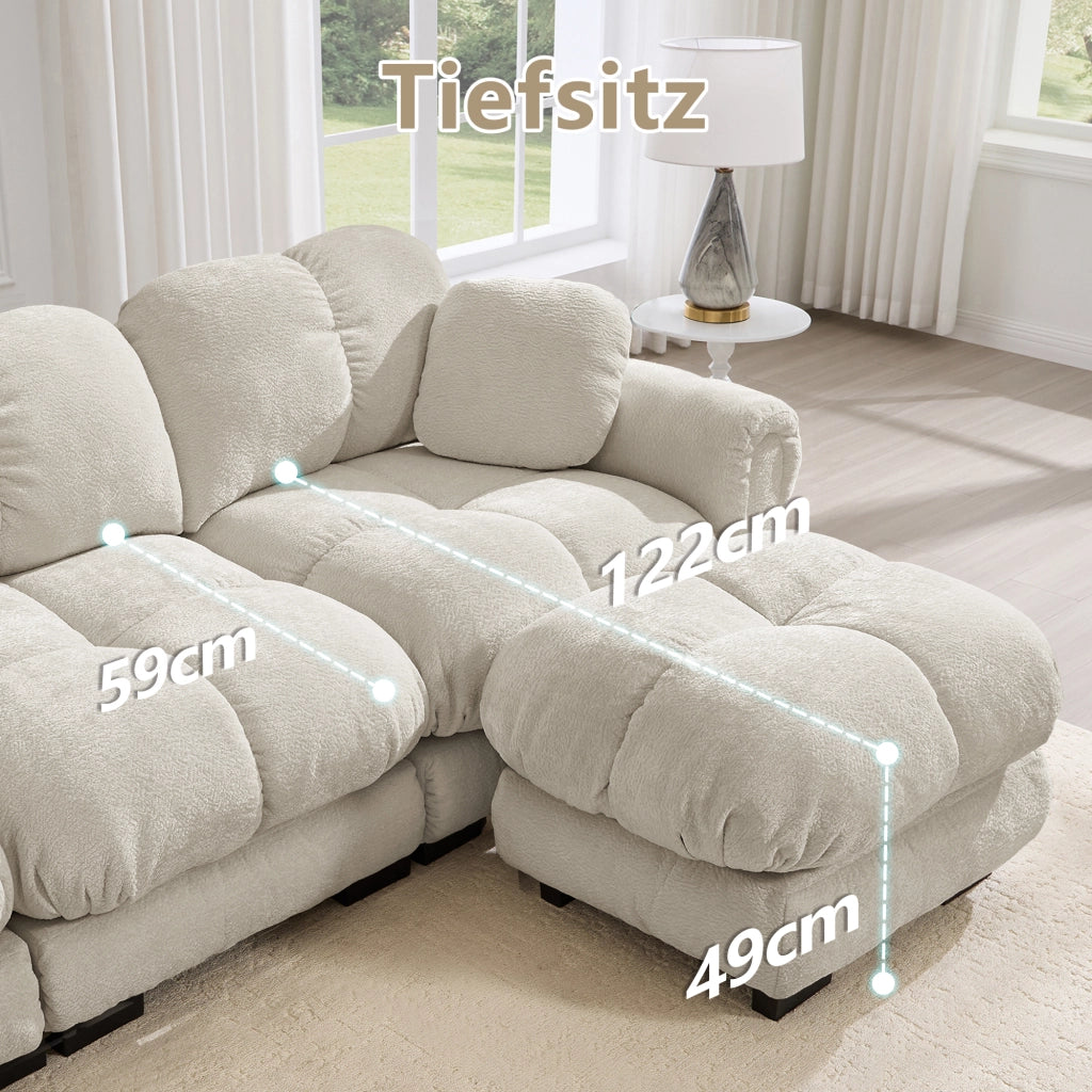 Divano dritto 2 posti modulare con cuscini trapuntati e cuscino lombare in Chenille, Beige chiaro
