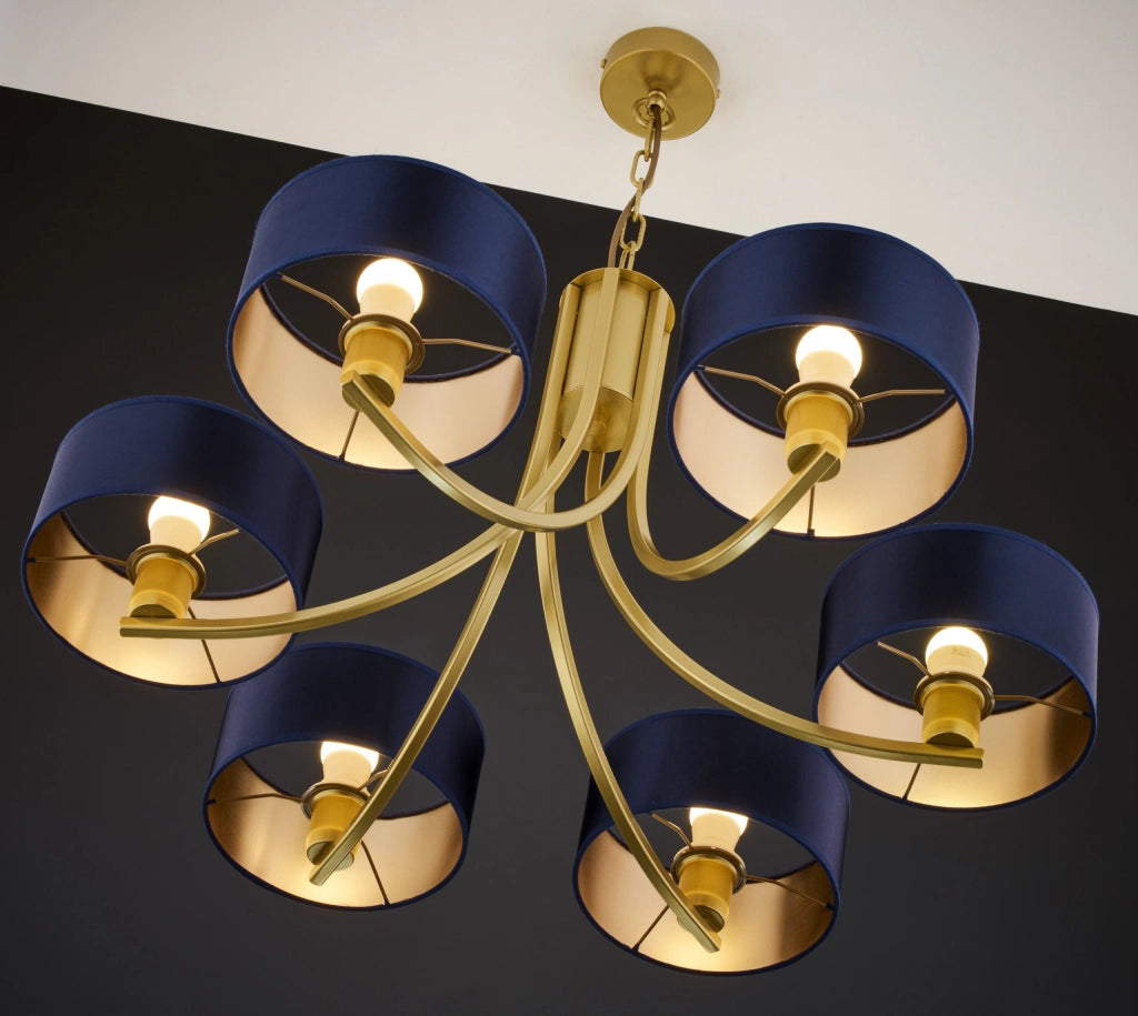 Lampadario oro a catena ARTHUR 6xE27 paralumi blu