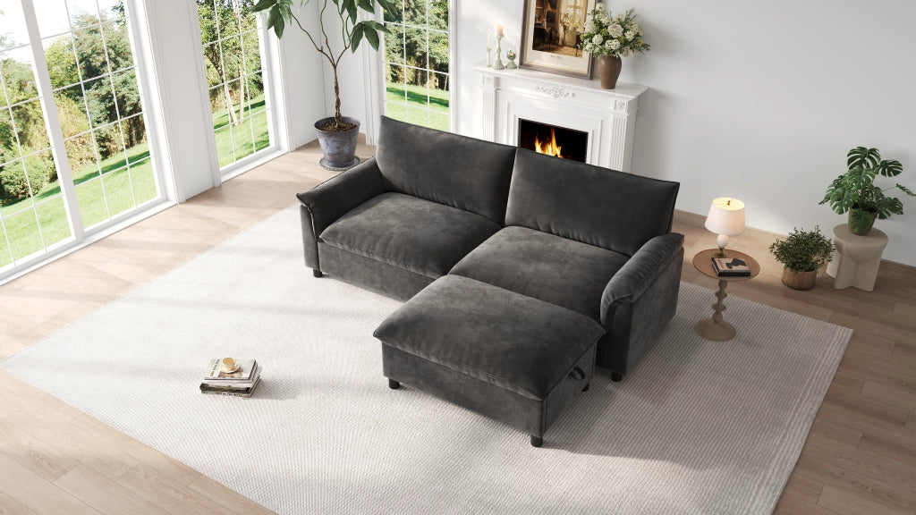 Divano modulare con pouf contenitore funzione letto temporaneo schienale alto in chenille nero 216 × 77 × 82 cm