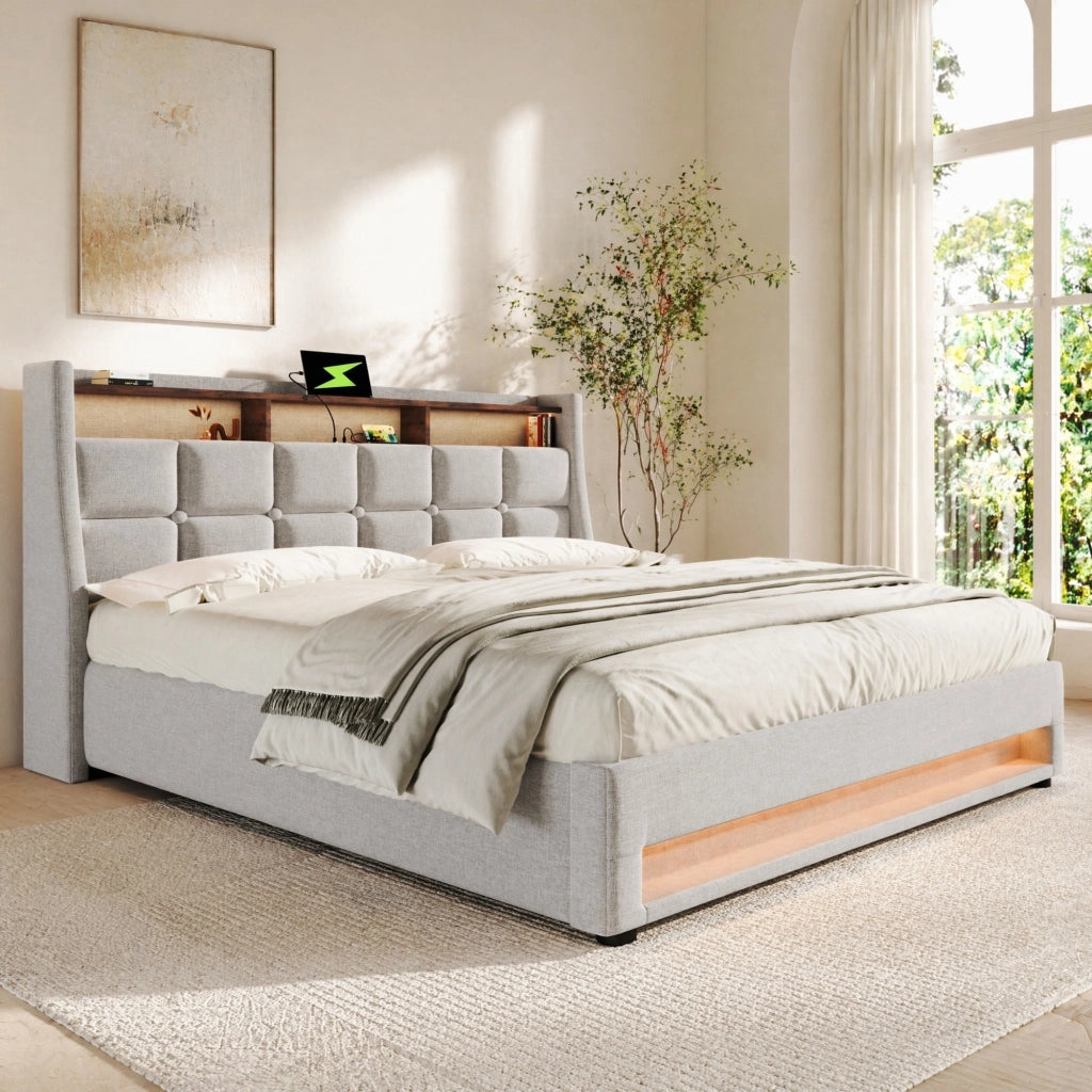 LETTO imbottito 140x200 cm Beige con LED e USB