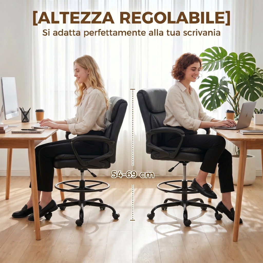 Sedia Ufficio Girevole in Finta Pelle. Altezza Regolabile. Schienale Alto. Braccioli. per Studio. Nero