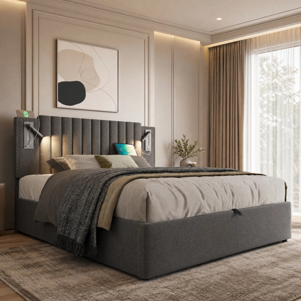 LETTO imbottito 140x200 cm grigio con testiera regolabile, luce lettura e USB