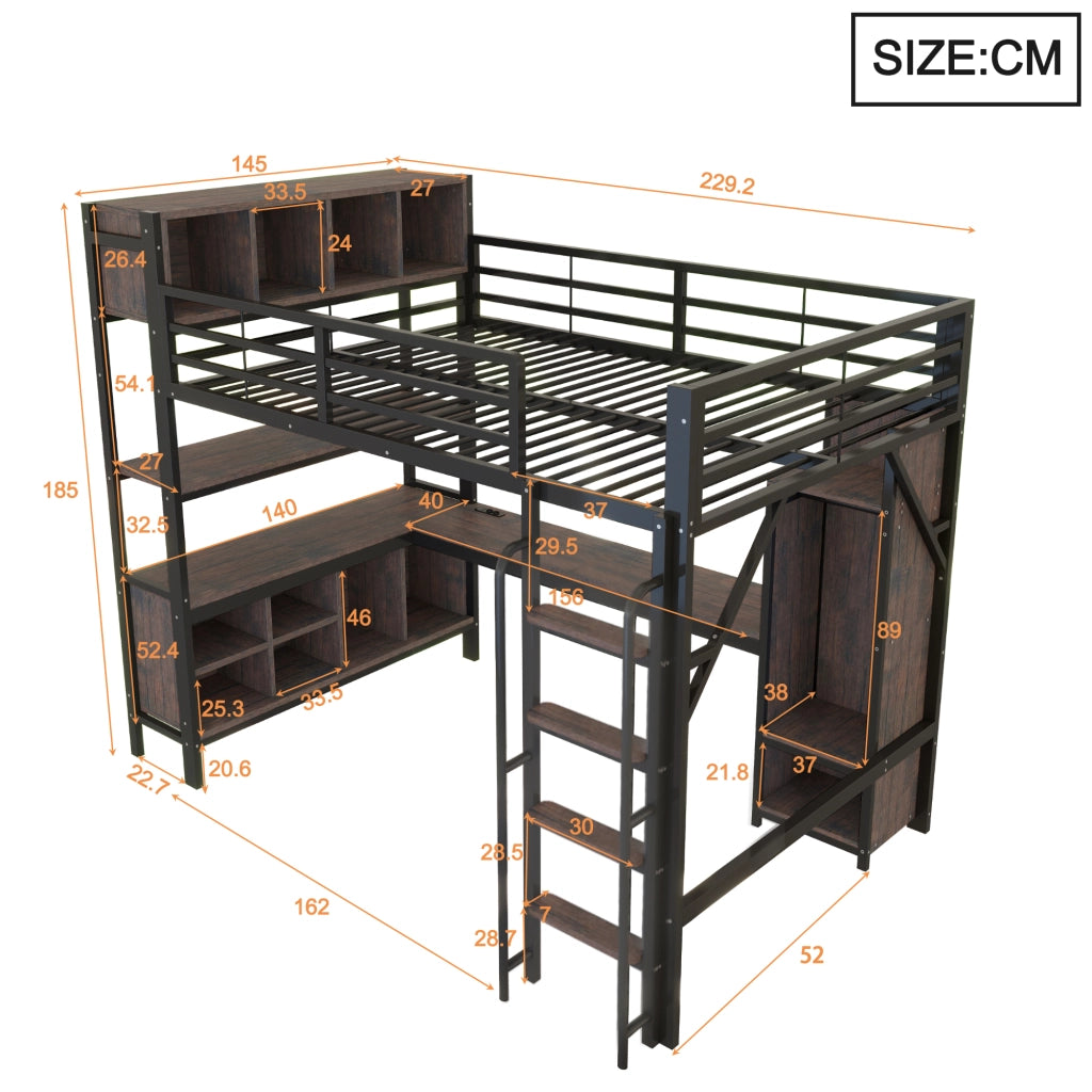 LETTO A SOPPALCO 140x200 cm con scrivania, armadio, LED, nero