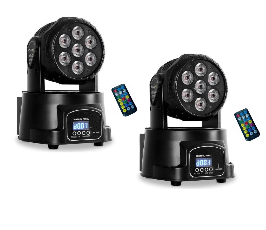 2 X PROIETTORE LED RGB TESTA MOBILE ROTANTE EFFETTI DISCO 7 LED WASH DMX