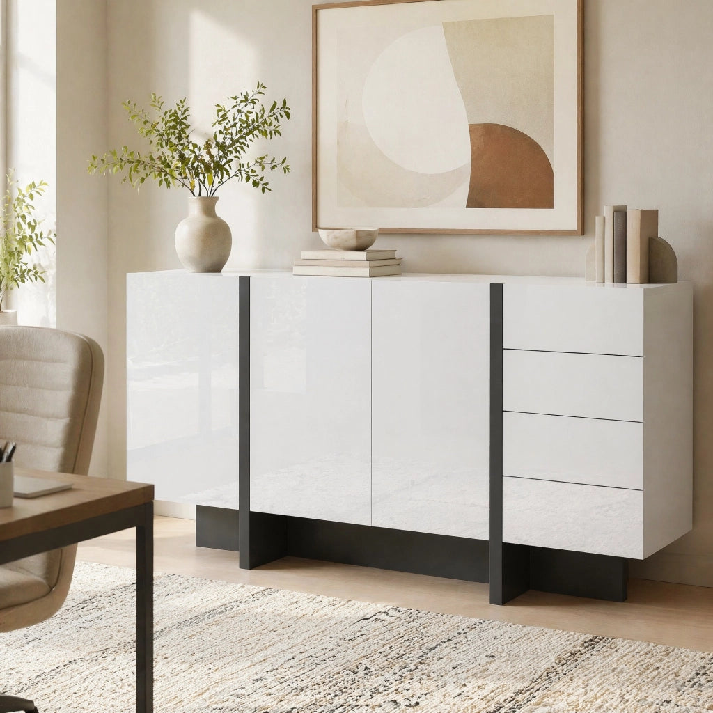 Credenza bianca lucida con 2 ante e 4 cassetti, design moderno, struttura in MDF e pannelli truciolari, 150 x 40 x 80,5 cm