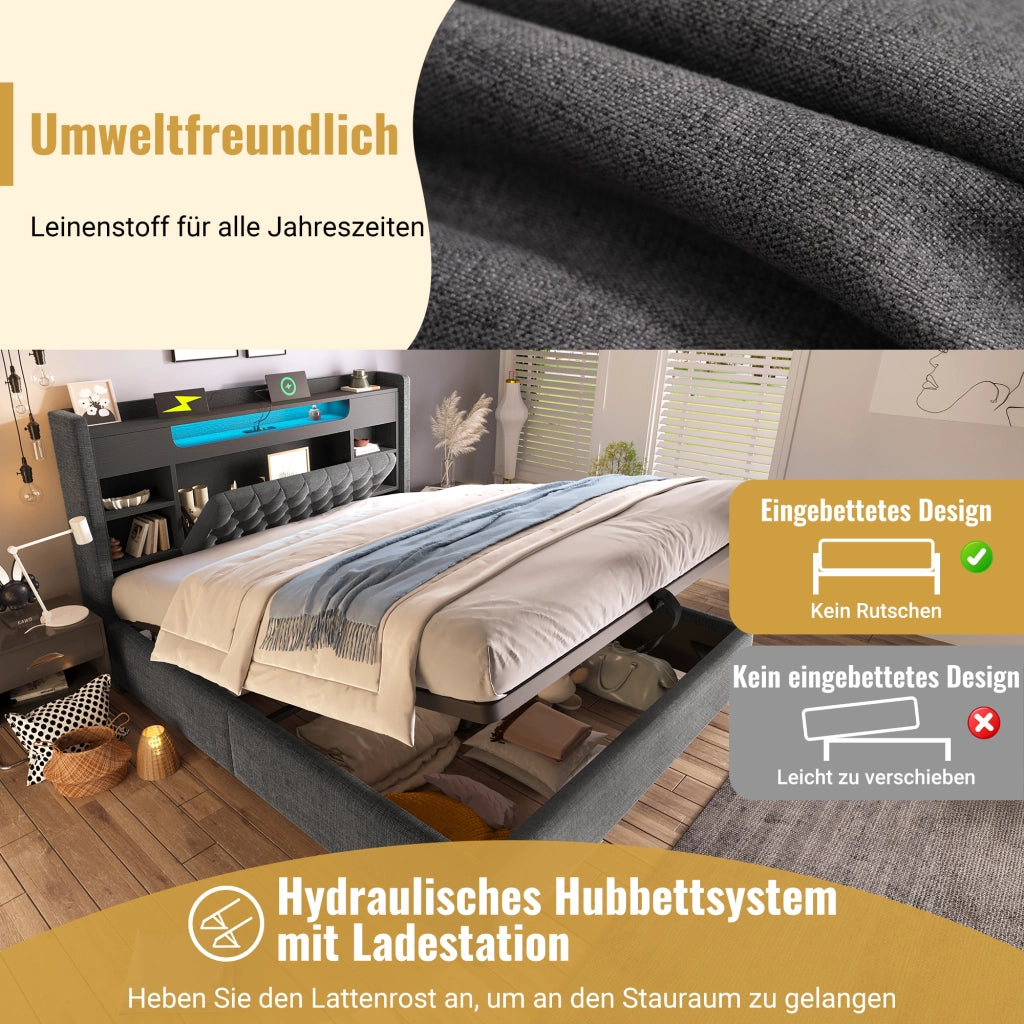 LETTO Contenitore 90x200 cm in lino grigio con LED e USB
