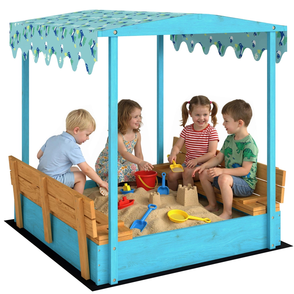 Sabbiera per Bambini 3-6 Anni con Tettuccio Dinosauri, Sedute Pieghevoli, Coperchio e Fodera Inclusa, Sabbionaia per Bambini in Legno di Abete, 134.5x127.5x130 cm, Blu