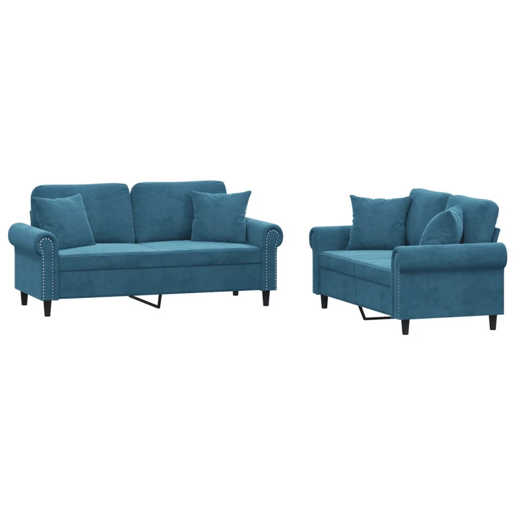 Set di Divani 2 pz con Cuscini Blu in Velluto