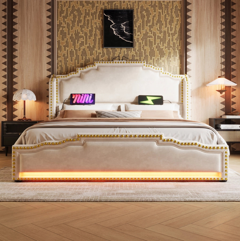 Letto matrimoniale 160x200 in velluto con LED, USB-C e 4 cassetti