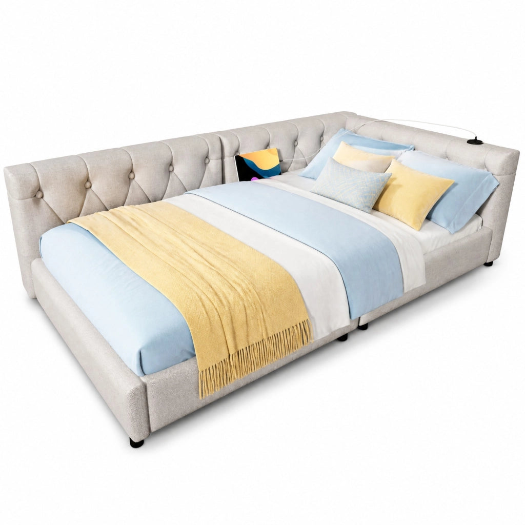 Letto daybed 90x200 cm in lino beige con LED, USB e Type-C