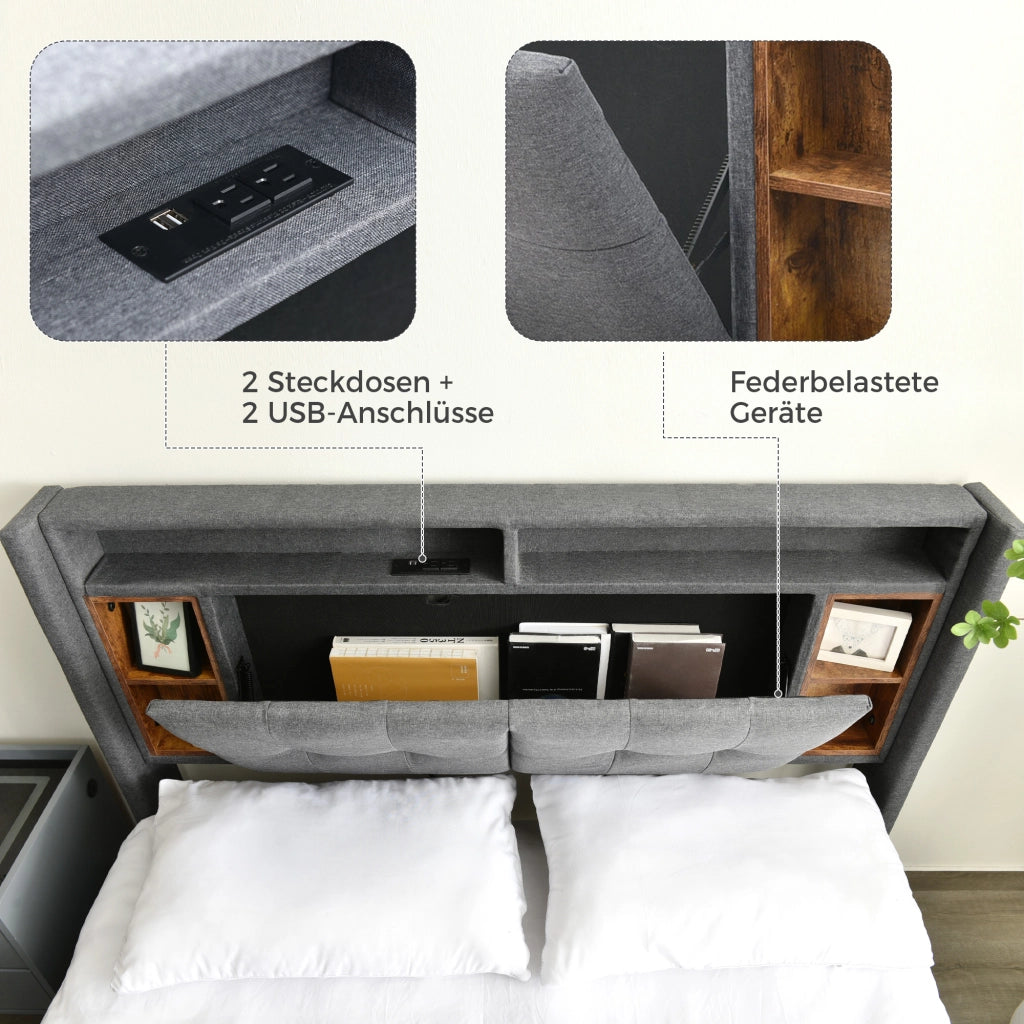 LETTO Matrimoniale 140x200 cm Grigio con testiera contenitore, LED e USB