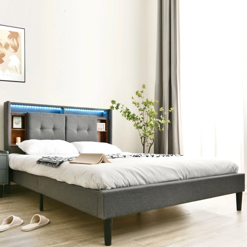 LETTO Matrimoniale 140x200 cm Grigio con testiera contenitore, LED e USB