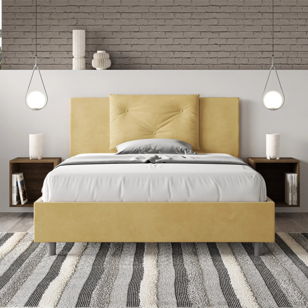 BS COM Letto matrimoniale francese contenitore imbottito 140x200 microfibra ocra
