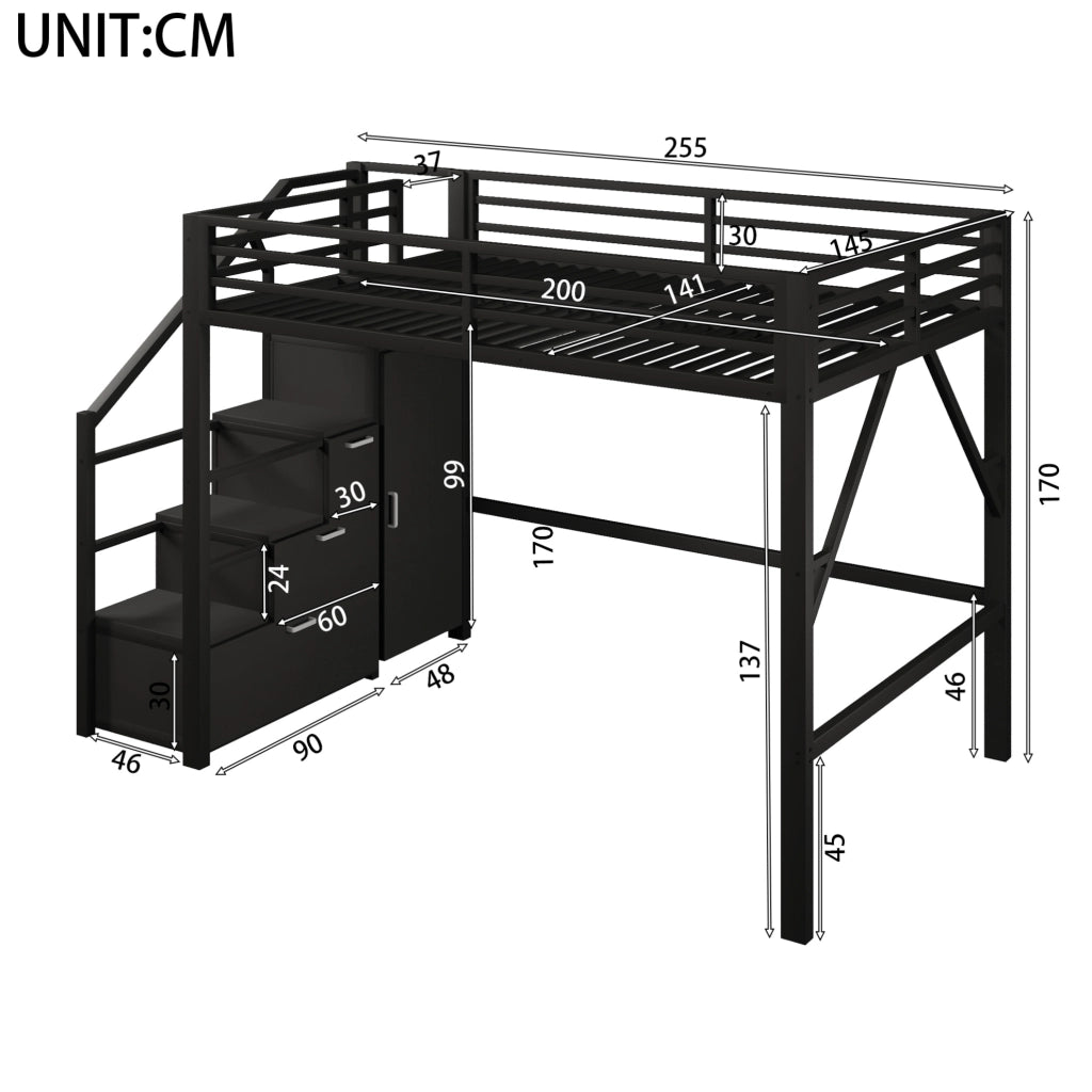 Letto a soppalco in metallo 140x200 cm con armadi e LED; nero