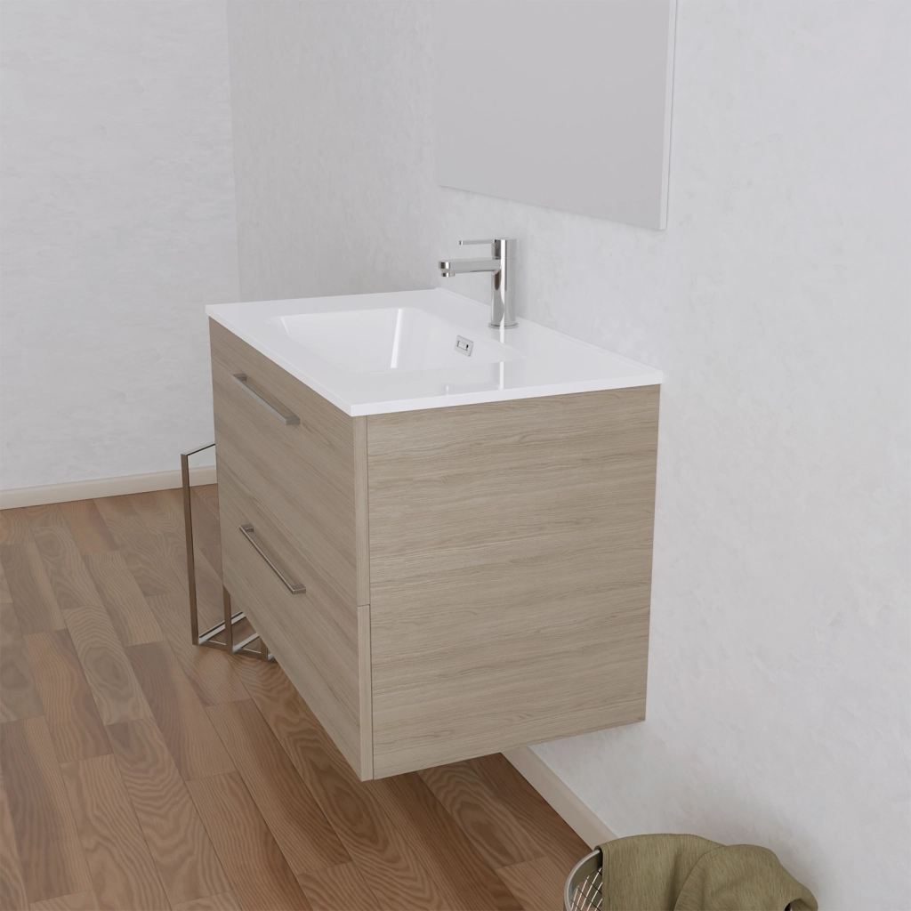 Mobile da bagno sospeso 100cm rovere chiaro con lavabo e specchio | Hana