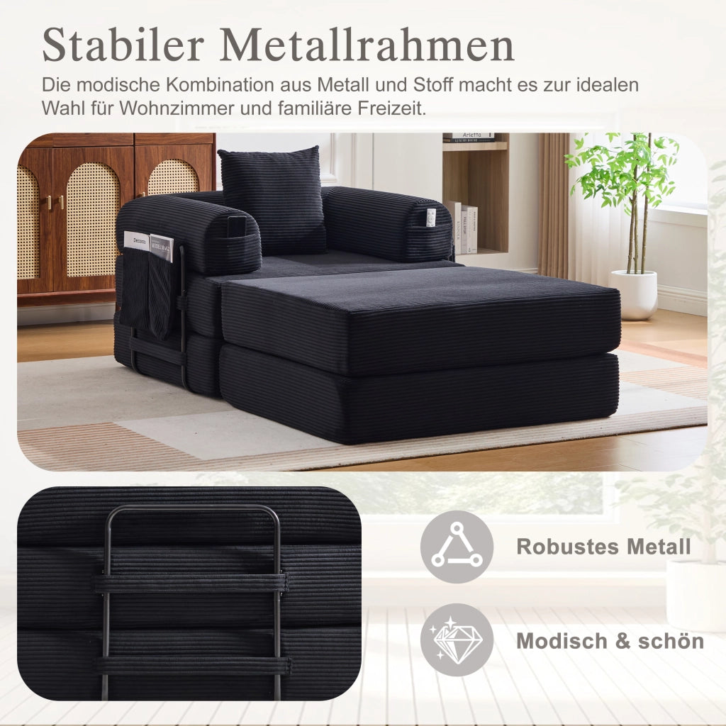 DIVANO Modulare 112x190x67 cm in tessuto a coste Nero con cuscino e pouf