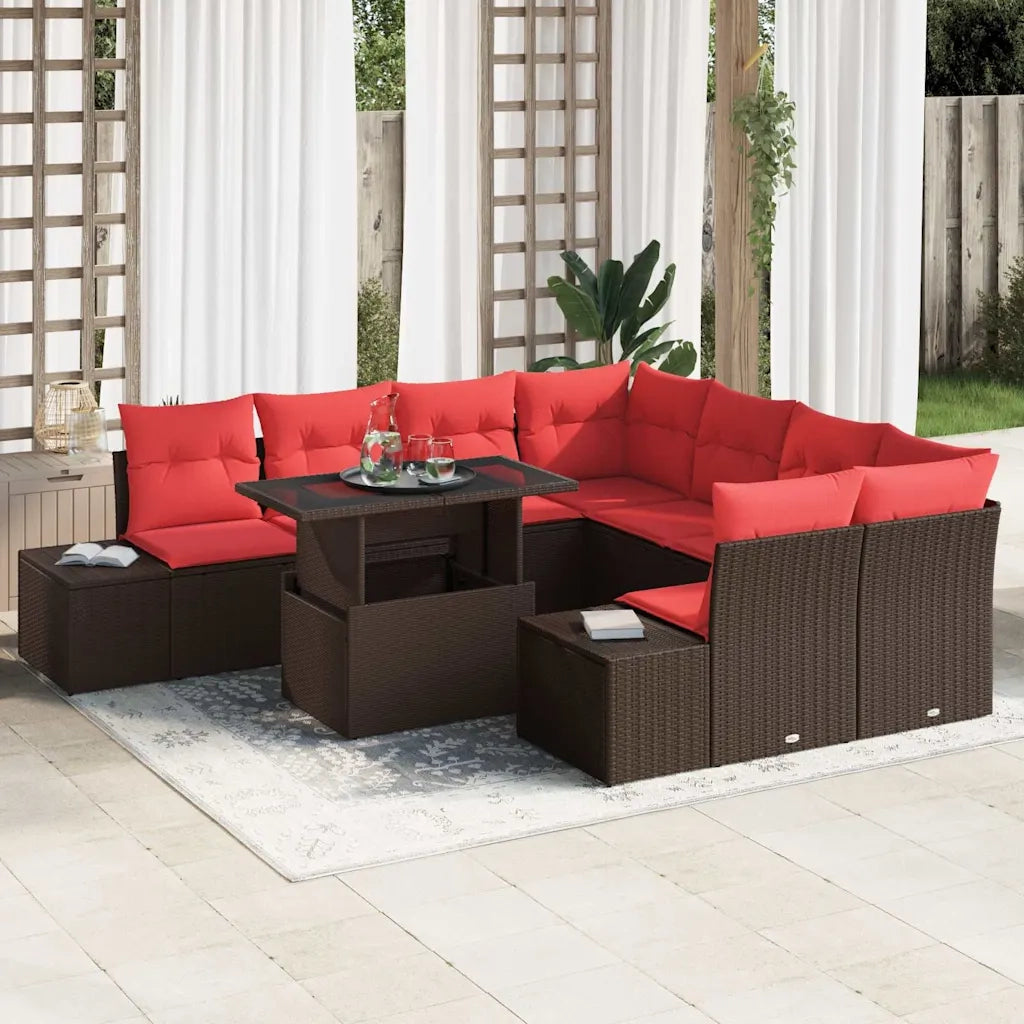 Set Divano da Giardino 9 pcs Marrone e Rosso polyrattan 3349160