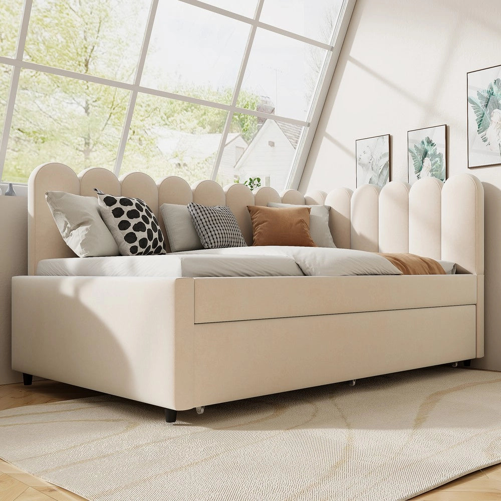 Letto Imbottito con Divano Estraibile a L ¨C MINIMAL ¨C Velluto Beige 140x200
