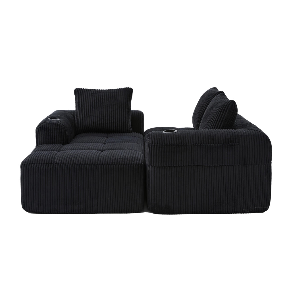 Divano Compatto in Tessuto a Coste con Cuscini ¨C MINIMAL ¨C Nero, Modulare, Portabicchieri