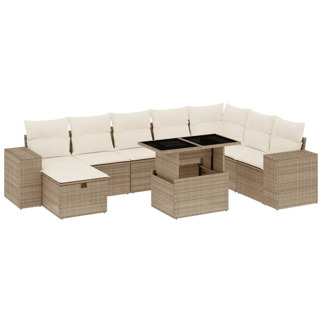 Set Divano da Giardino 9 pz con Cuscini Beige in Polyrattan
