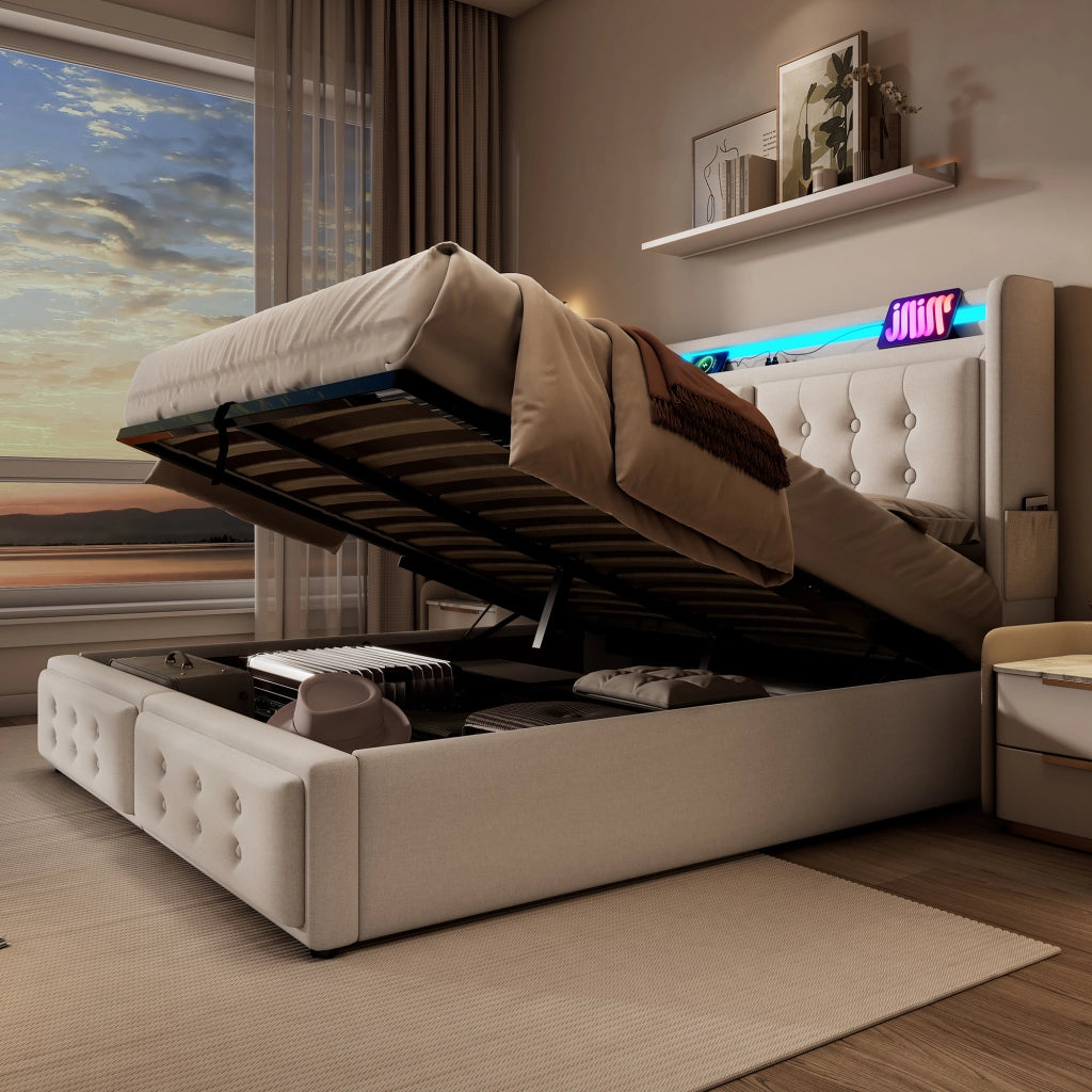 LETTO imbottito 140x200 cm Beige con materasso incluso, LED e prese USB