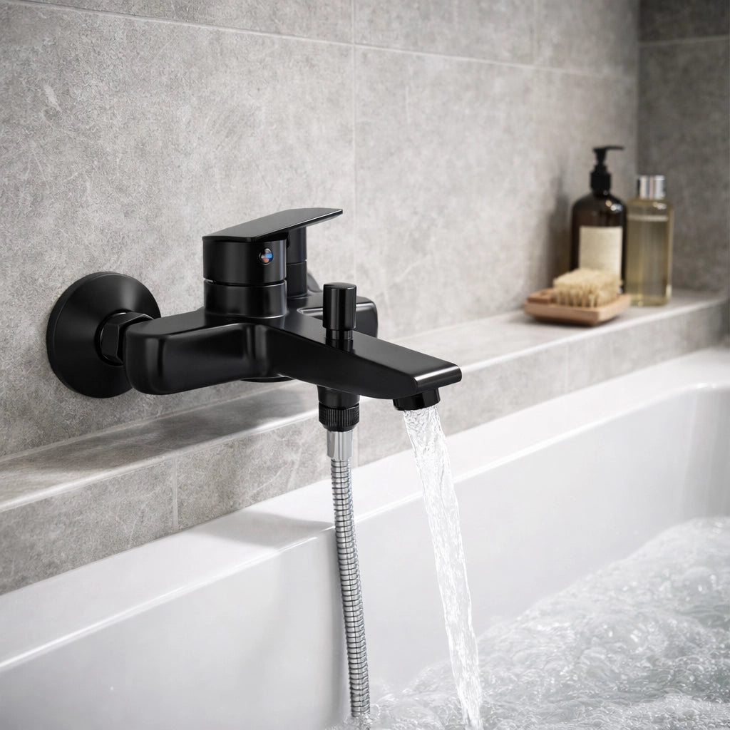 Rubinetto Miscelatore Vasca Bagno Nero Opaco da Parete + Deviatore Doccia 94009
