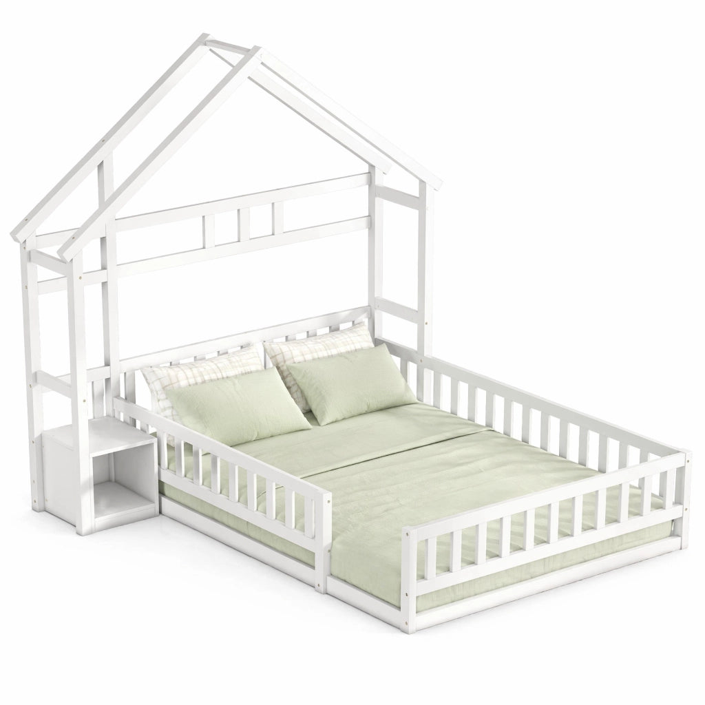 Letto per bambini a forma di casa 140x200 cm con sponda e comodino, bianco
