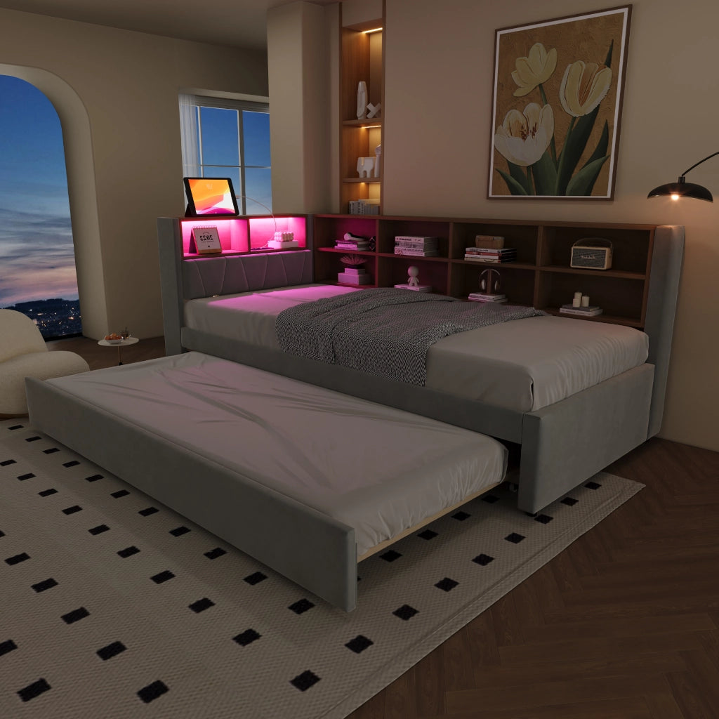 LETTO DIVANO ESTRAIBILE 90x200 cm con LED, USB e Flanella Grigio Chiaro