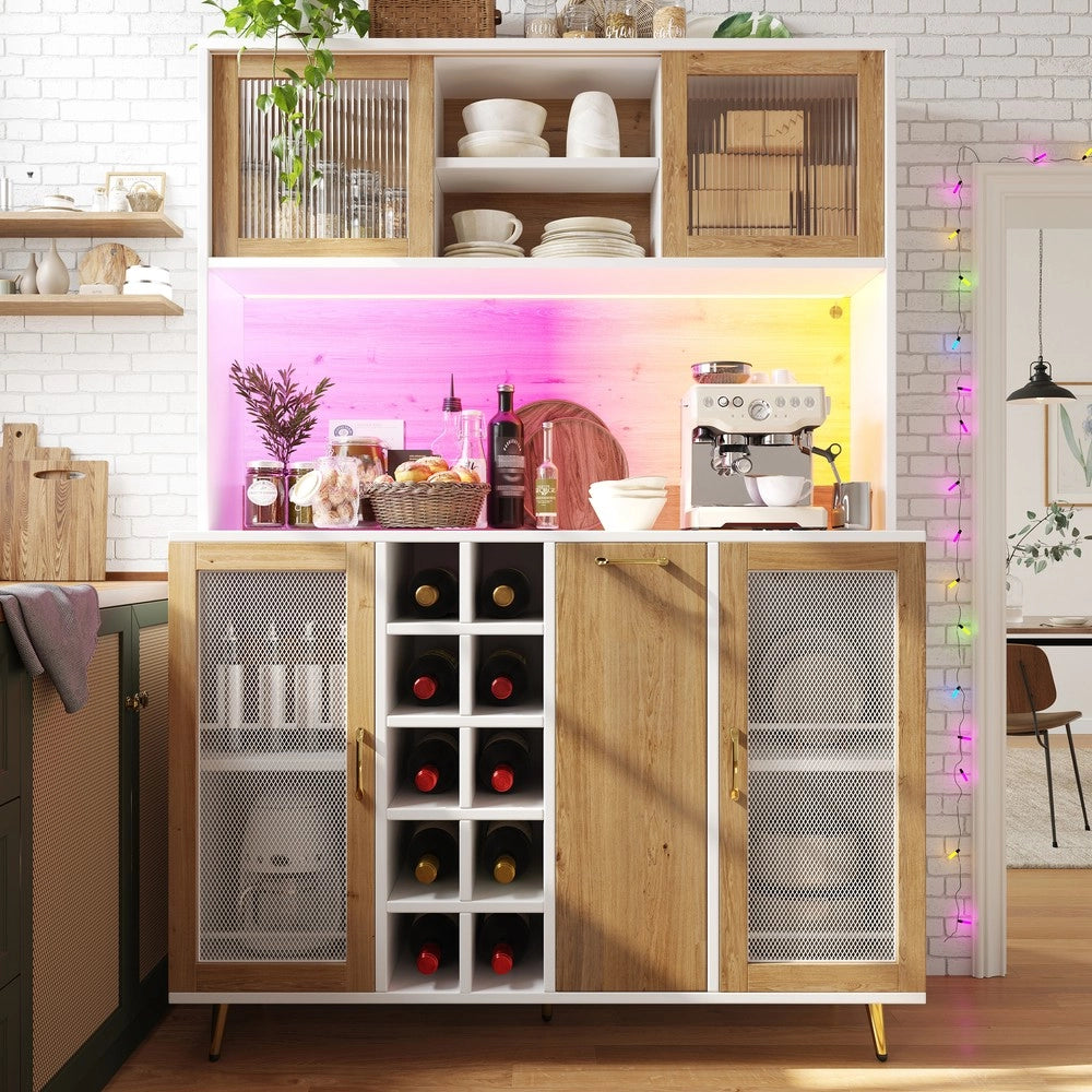 Mobile Buffet con LED ¨C Xylo ¨C Bianco con Effetto Legno, 5 Ante, Cantinetta, 120x40x170