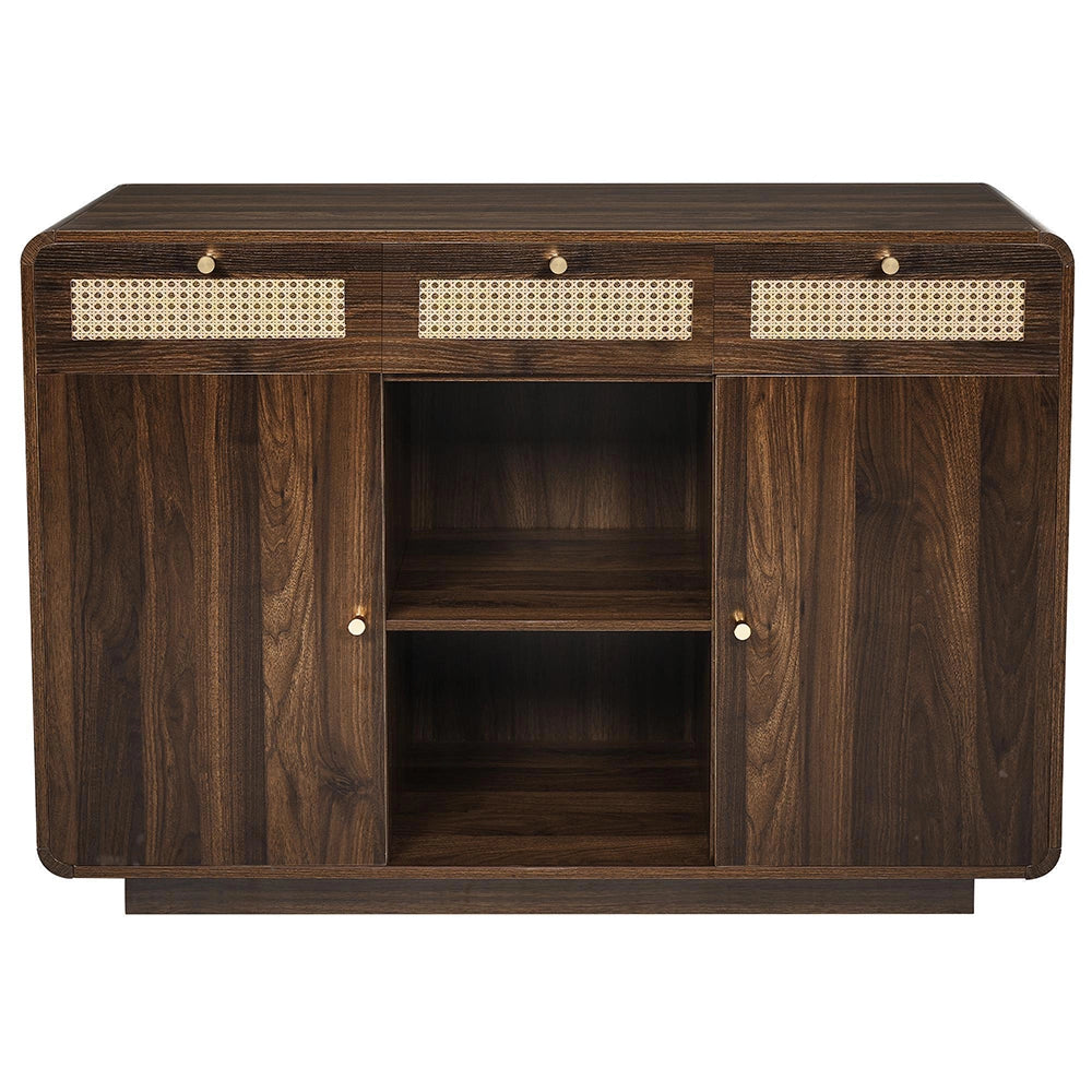 Credenza Sideboard 120cm - Xylo - Noce con 3 Cassetti e Maniglie in Vimini/Oro