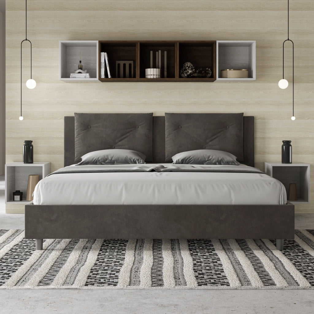 BS COM Letto matrimoniale king size con rete imbottito 190x210 microfibra grigio