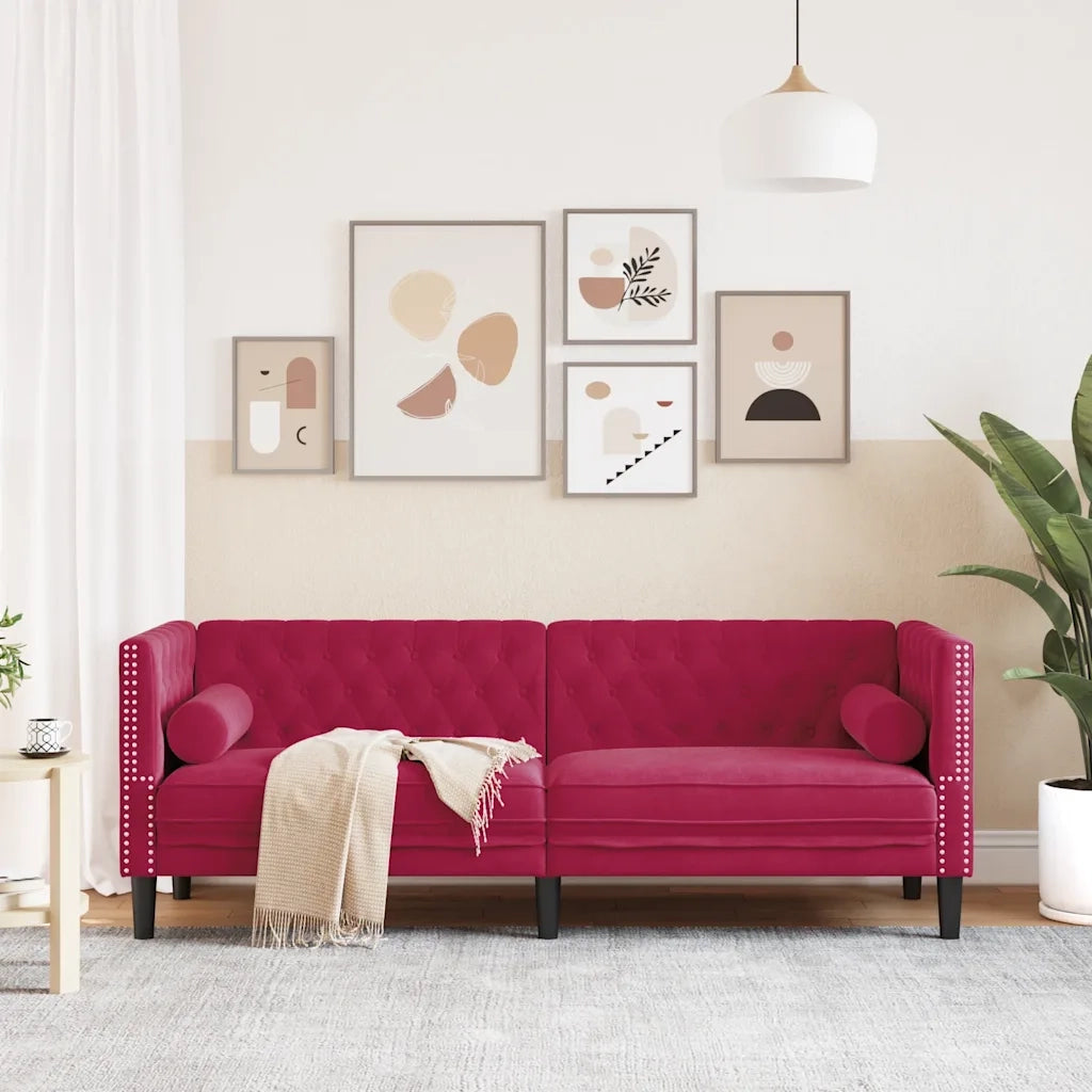 Divano Chesterfield con Rinforzi 3 Posti-Sofa 3 Posti-Divanetto Rosso Vino in Velluto