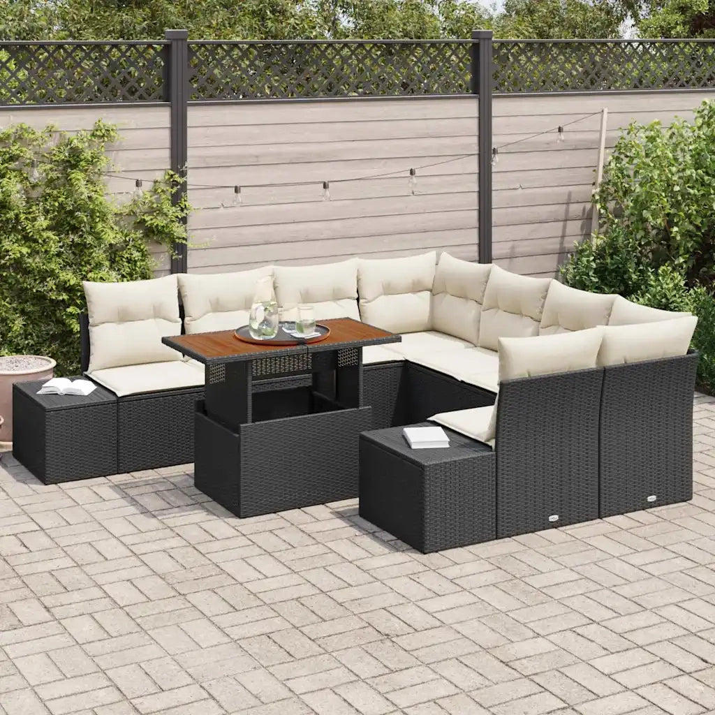Set da Pranzo per Giardino con cuscino 9 pcs Nero e Crema
