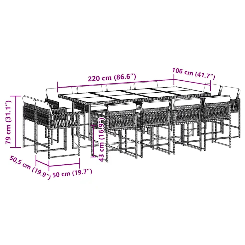 Set da Pranzo da Giardino 13pz con Cuscini Nero in Polyrattan 3211587