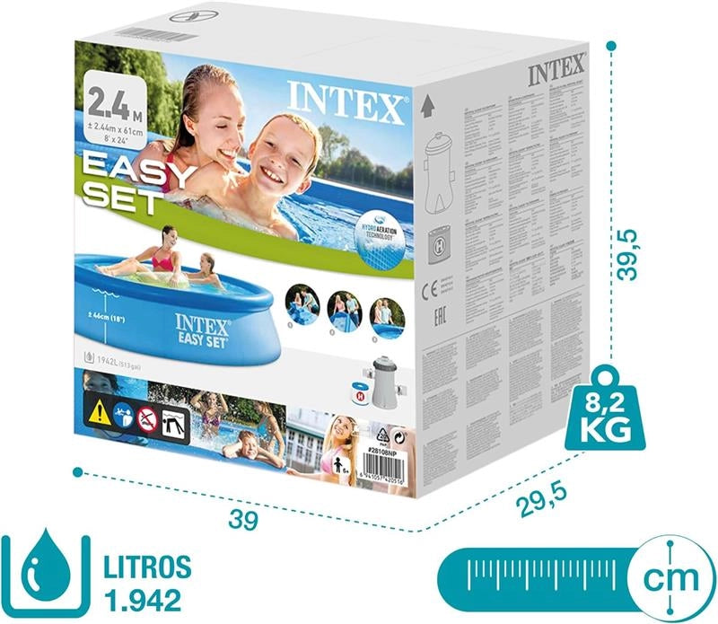 INTEX PISCINA FUORI TERRA EASY SET ROTONDA, POMPA FILTRO 1250 L/H, 1942 L, PVC, AZZURRO, 244X61 CM