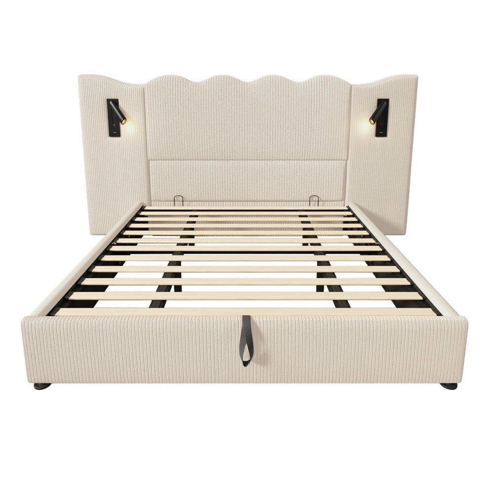 Letto Imbottito Contenitore Matrimoniale con Luce LED e USB ¨C MINIMAL ¨C Cordone Beige/Bianco, Doghe Massello, 180x200