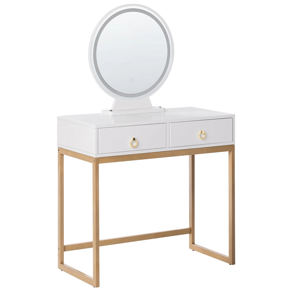 Toeletta con 4 cassetti specchio LED bianco e oro e sgabello camera da letto elegante