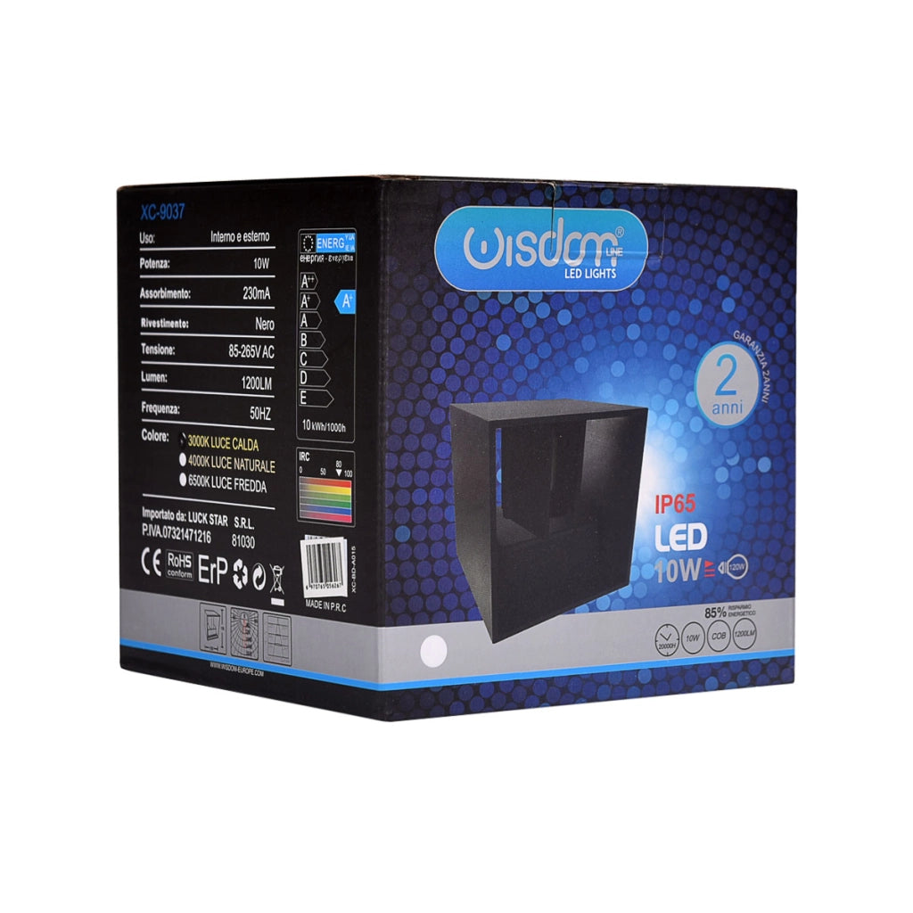 APPLIQUE LED CUBO NERO 10W LUCE FREDDA 6500K° CON DOPPIA EMISSIONE - DESIGN MODERNO IP65 PER ESTERNI