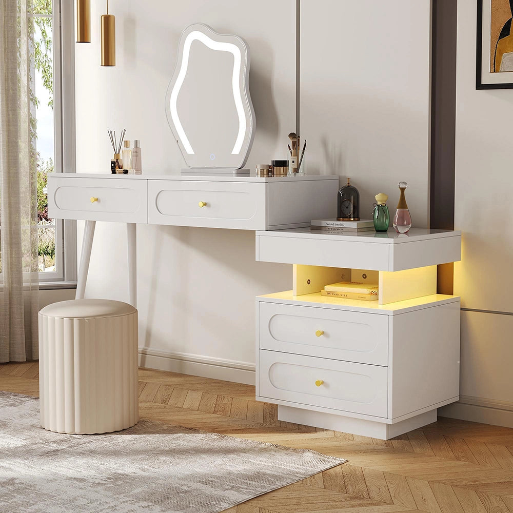 Tavolo trucco LED-Xylo-140x40x130cm, 4 cassetti, vano aperto, bianco