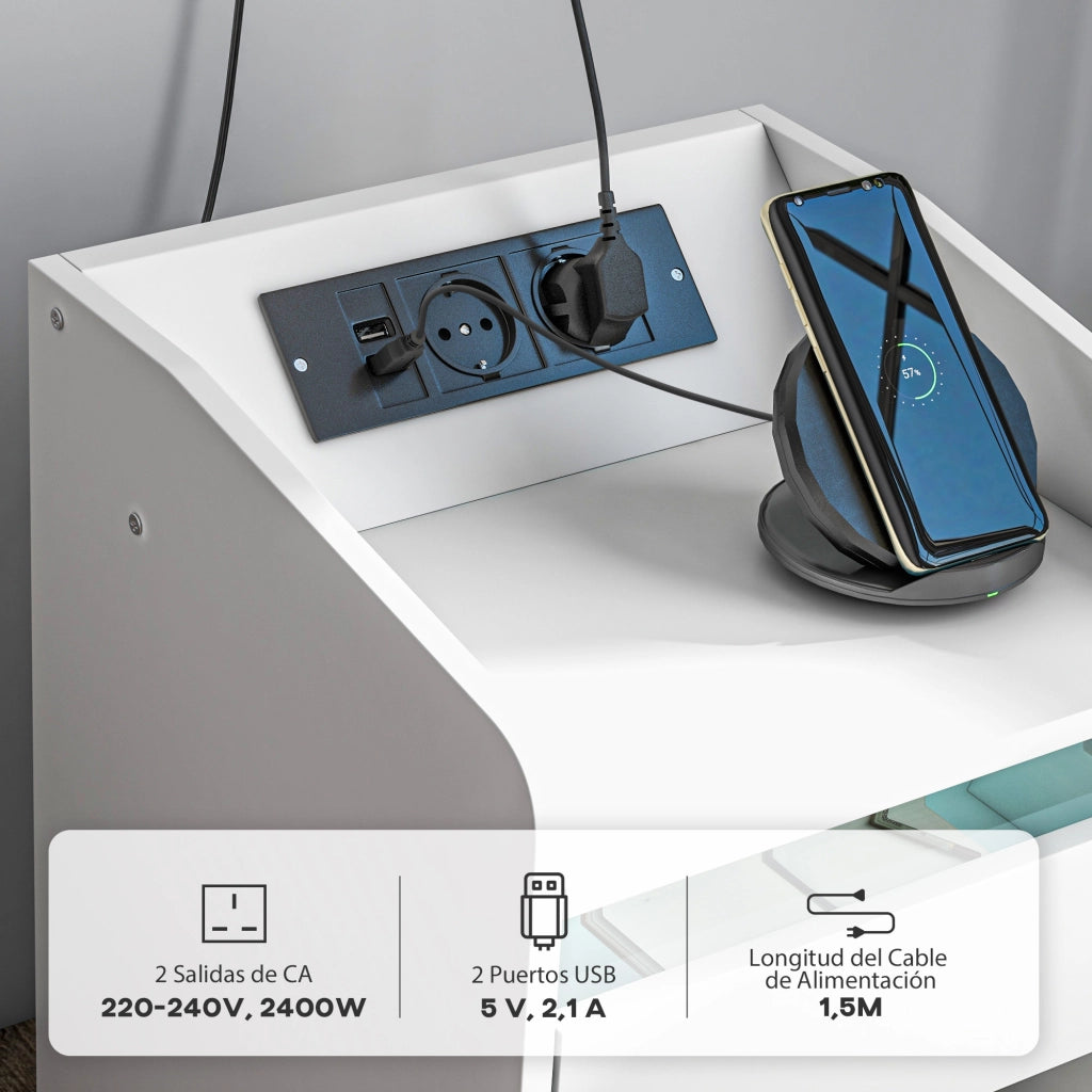 Comodino con LED e USB ¨C Xylo ¨C Bianco 40x40x58cm