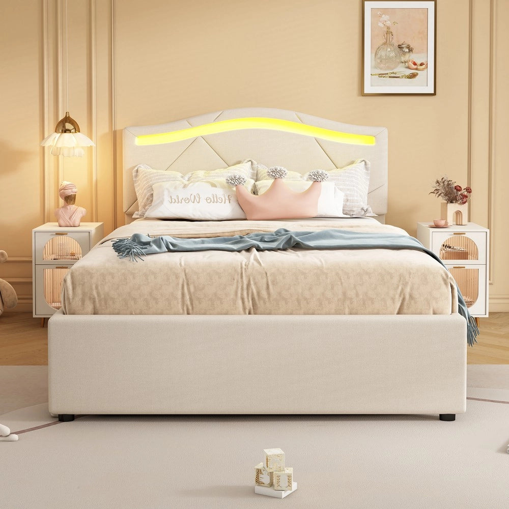 Letto Imbottito con LED e Cassetti ¨C Xylo ¨C Testiera Regolabile, Tessuto Beige, 90x200