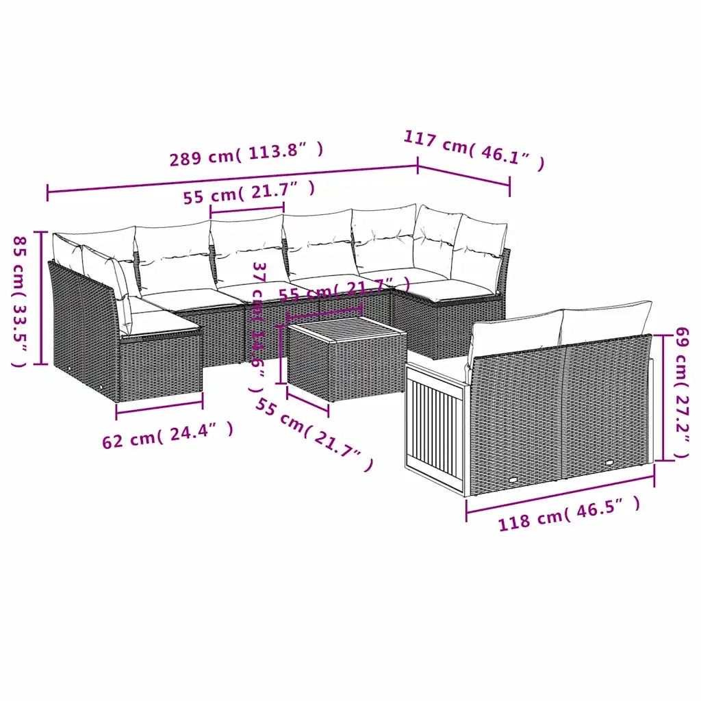 Set Divani da Giardino 10 pz con Cuscini Nero in Polyrattan 3227975