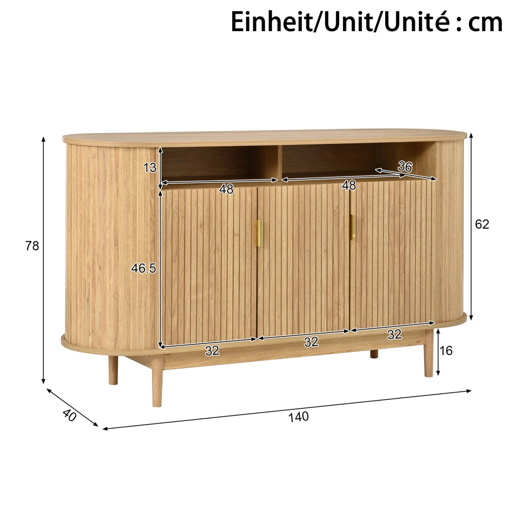 Credenza con 3 ante e frontale a linee verticali in MDF e pannello truciolare naturale 140 × 40 × 78 cm