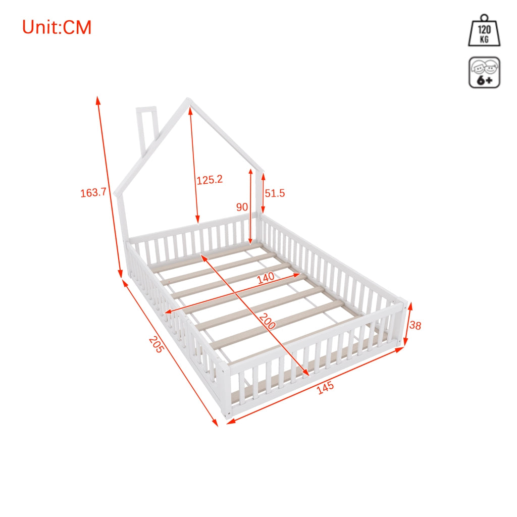 LETTO per bambini 140x200 cm con sponde di sicurezza, pino e MDF bianco